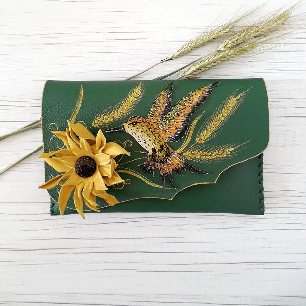 poseta plic handmade unicat din piele - Hummingbird and Sunflower