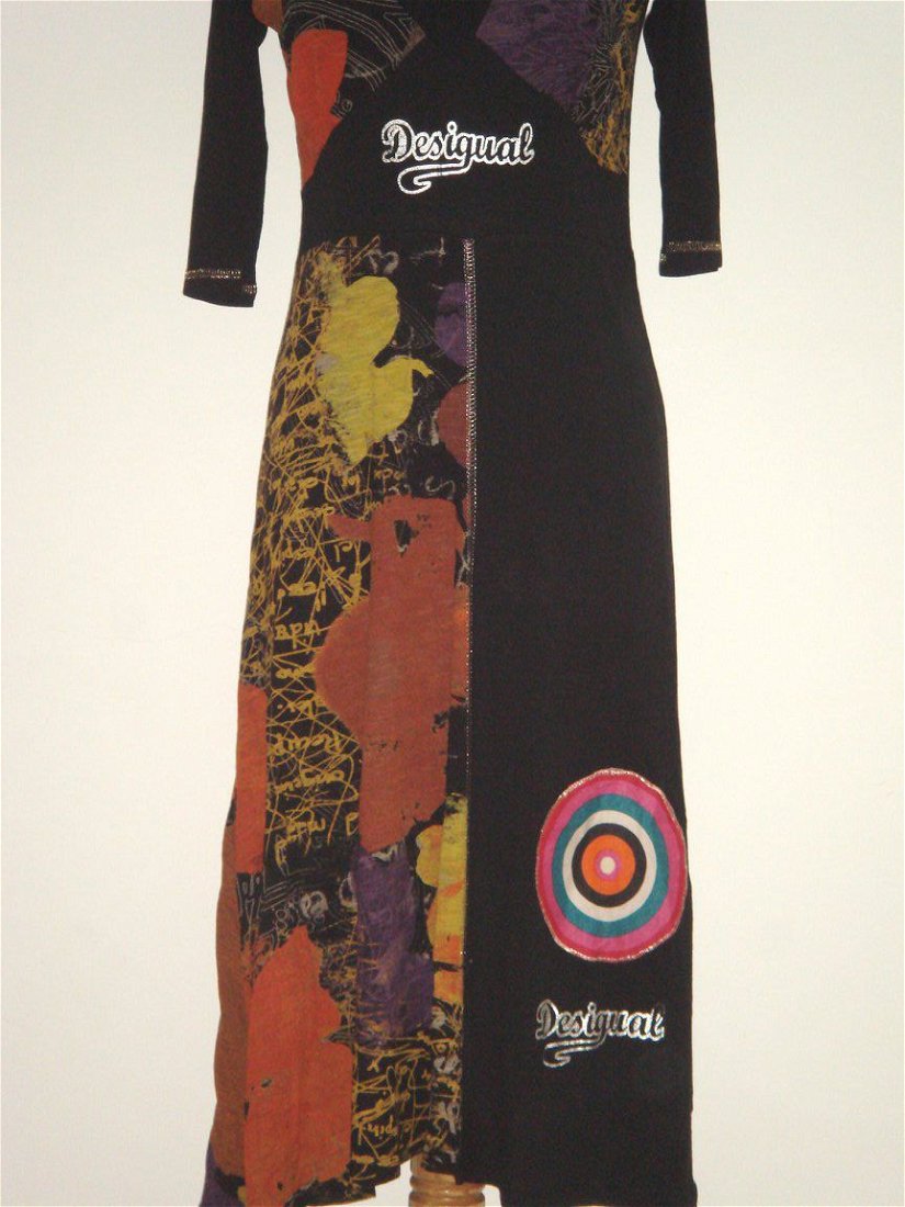 Desigual - Rochie din vascoza, neagra, cu imprimeu specific, colorat