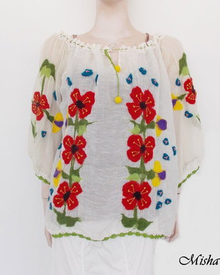 Bluza cu motiv floral impaslit si dantelute crosetate