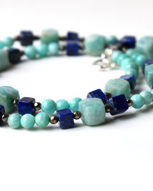 Colier lapis lazuli, amazonit rusesc si pirita