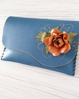 poseta plic handmade unicat din piele - Orange Rose