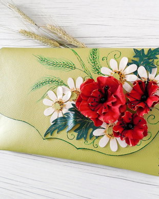 Poseta plic handmade unicat din piele naturala - Wildflowers Bouquet
