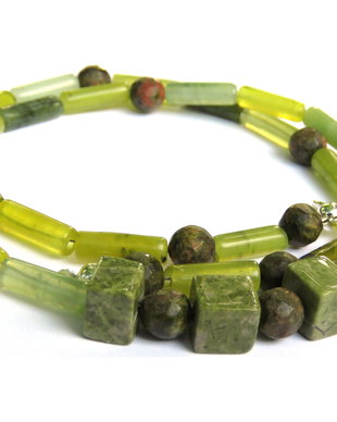 Colier barbati / unisex din Argint 925, Agate indiene si Unakit - CO504 - Choker elegant, colier casual verde caramiziu, colier barbatesc