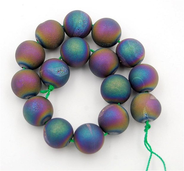 9464 - Margele, agate druzy, nuanta titanium multicolor / peacock, aspect mat / inghetat / frosted, sfere 6mm, 8mm, 10mm