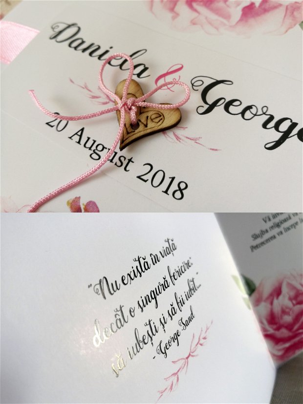 Invitatie nunta flori roz, fara plic, inimioara lemn, invitatie florala, panglica