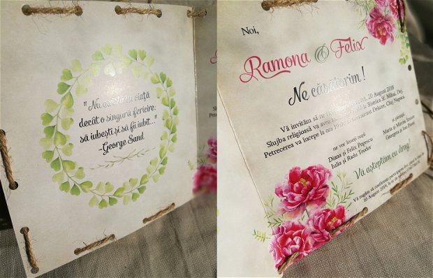 Invitatie nunta rustica, flori roz, fara plic, sfoara, invitatie inedita