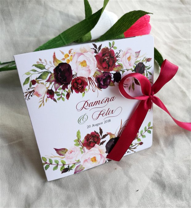 Invitatie nunta flori rosu inchis, fara plic, Invitatie nunta de toamna, invitatie florala, panglica