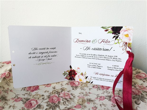 Invitatie nunta flori rosu inchis, fara plic, Invitatie nunta de toamna, invitatie florala, panglica