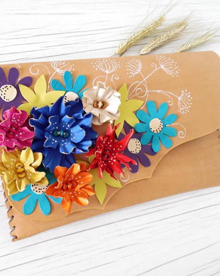 Poseta plic handmade unicat din piele naturala - Summer Rainbow