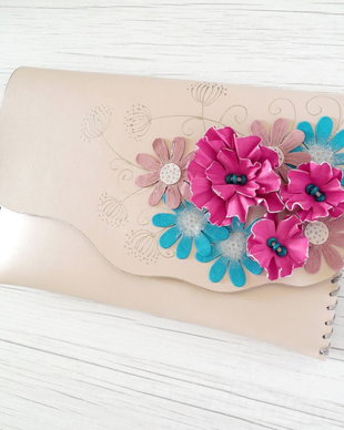 Poseta plic handmade unicat din piele naturala - Teal and Fuchsia