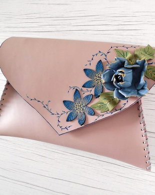 Poseta plic handmade unicat din piele naturala -Blue rose