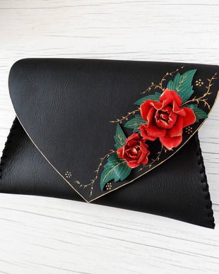 Poseta plic handmade unicat din piele naturala - Red rose