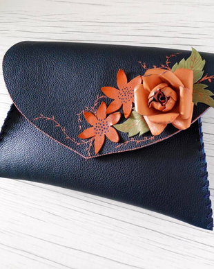 Poseta plic handmade unicat din piele naturala -Orange rose