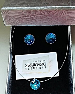 Set cercei si colier argint 925 cu piatra Swarovski Rivoli 8mm Bermuda Blue