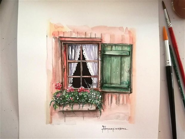 Fairytale window. Pictura Originala in acuarela - Nature & Colors Collection