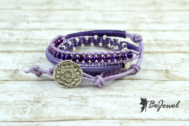 Bratara wrap cu snur de piele si mix de cristale ''Ultraviolet''