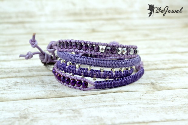 Bratara wrap cu snur de piele si mix de cristale ''Ultraviolet''