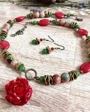 Set/colier si cercei/floare de coral/set de vara