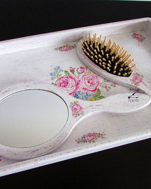 Set gatitul miresei, set mireasa, set perie si oglinda, set nunta, set shabby chic, tava mireasa