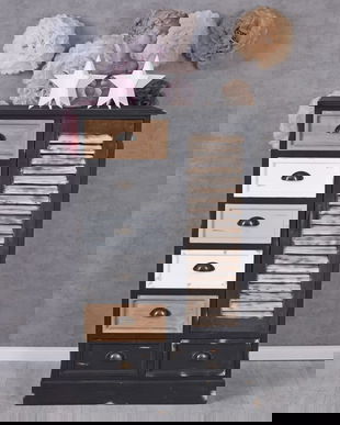 Dulap din lemn masiv negru cu sapte sertare colorate