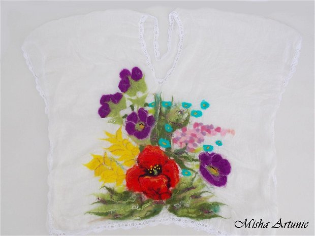 Vândut Bluza din materiale naturale cu flori de vara impaslite si dantelute crosetate