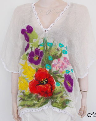 Vândut Bluza din materiale naturale cu flori de vara impaslite si dantelute crosetate