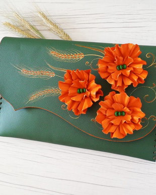 poseta plic handmade unicat din piele - Orange poppies