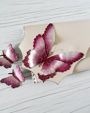 poseta plic handmade unicat din piele - Marsala Butterfly