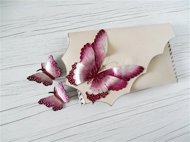 poseta plic handmade unicat din piele - Marsala Butterfly