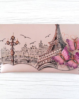 poseta plic handmade unicat din piele - Butterflies in Paris