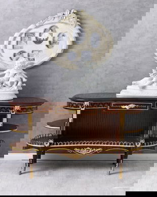 Consola din lemn masiv furniruit cu decoratiuni din alama