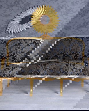 Sofa baroc din lemn masiv auriu cu tapiterie din matase albastra