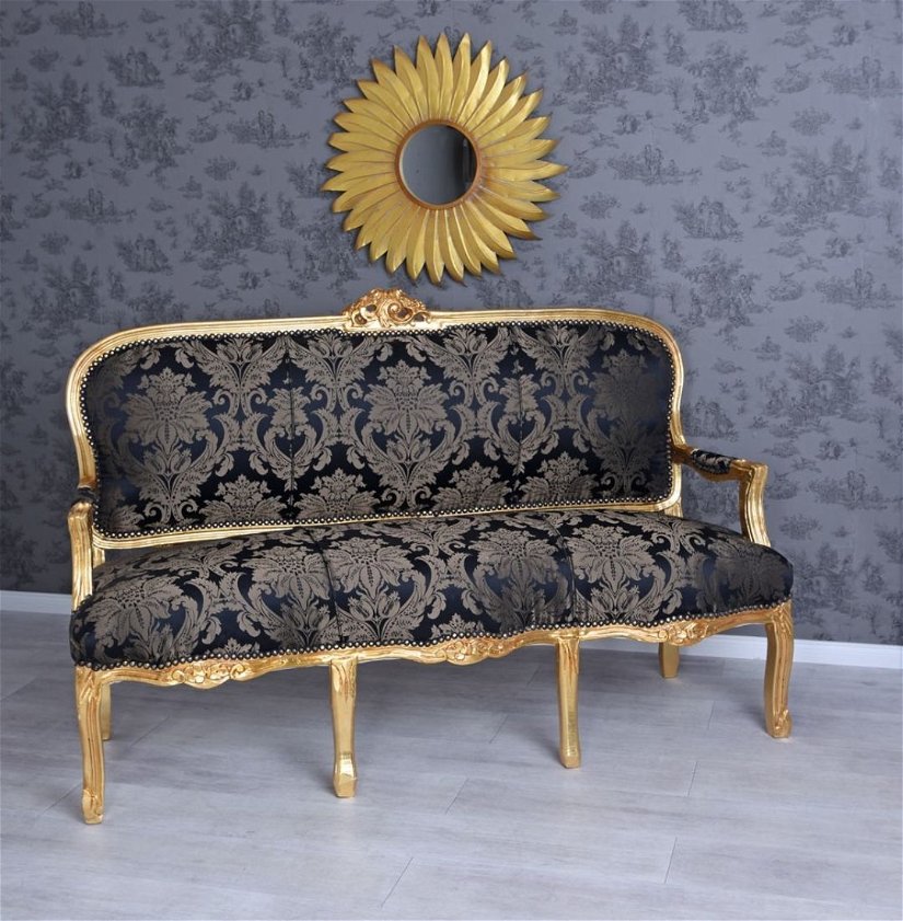 Sofa baroc din lemn masiv alb cu tapiterie din matase albastra
