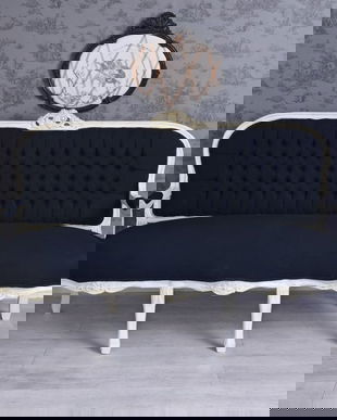 Sofa baroc din lemn masiv alb cu tapiterie din catifea neagra