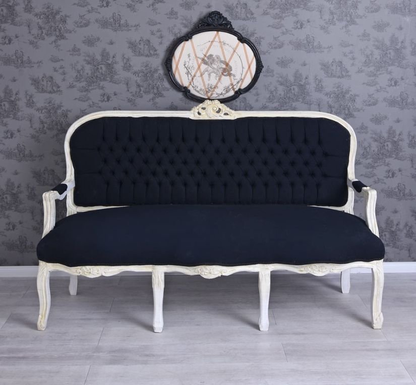 Sofa baroc din lemn masiv alb cu tapiterie din catifea neagra