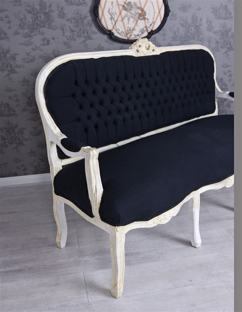Sofa baroc din lemn masiv alb cu tapiterie din catifea neagra