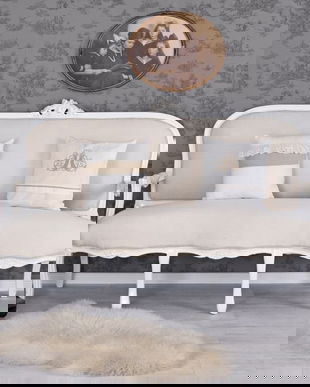 Sofa baroc din lemn masiv alb cu tapiterie bej