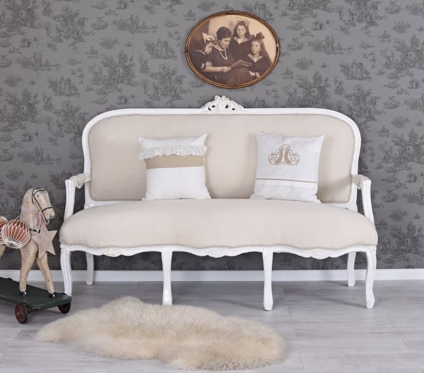 Sofa baroc din lemn masiv alb cu tapiterie bej
