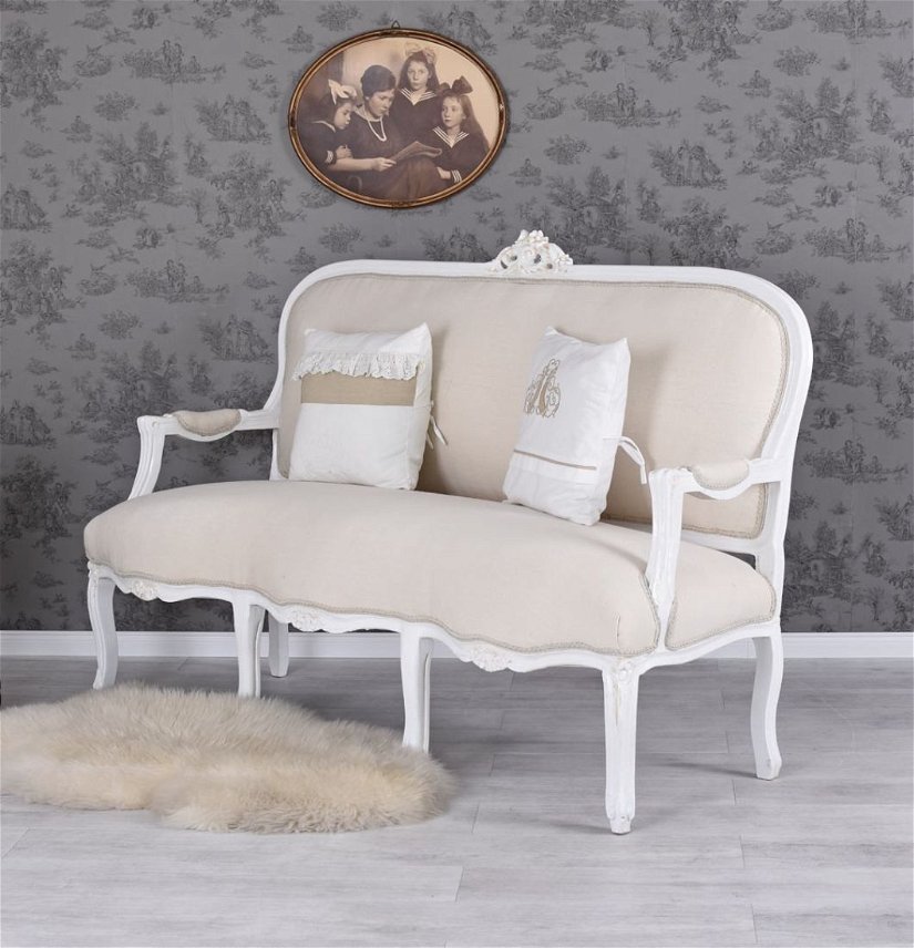 Sofa baroc din lemn masiv alb cu tapiterie bej