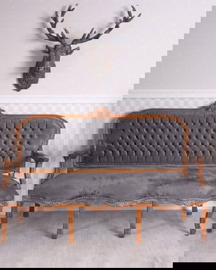Sofa baroc din lemn mahon cu tapiterie din catifea gri inchis