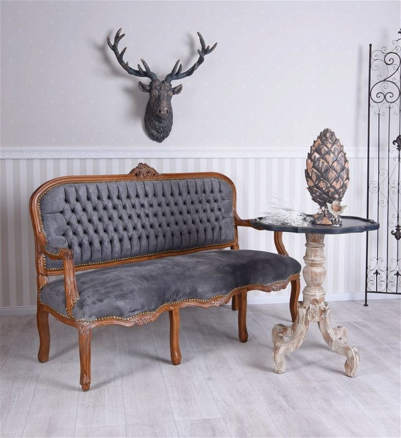 Sofa baroc din lemn mahon cu tapiterie din catifea gri inchis