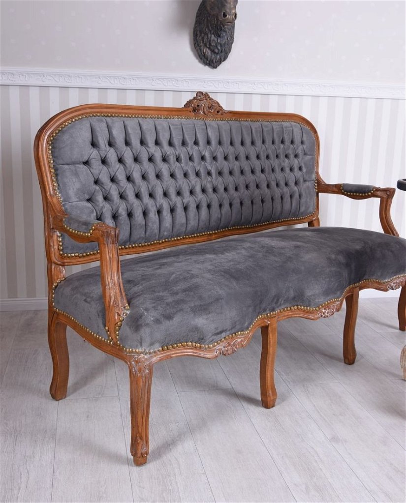 Sofa baroc din lemn mahon cu tapiterie din catifea gri inchis
