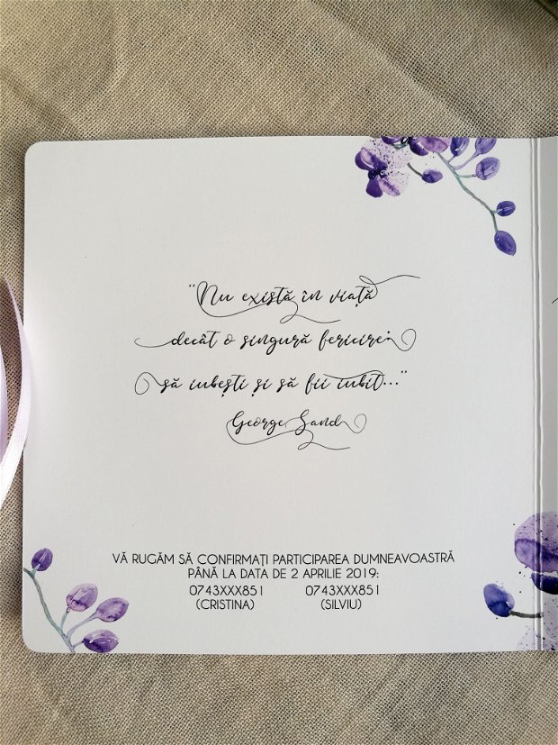Invitatie nunta orhidee, fara plic, Invitatie nunta violet, invitatie florala, panglica