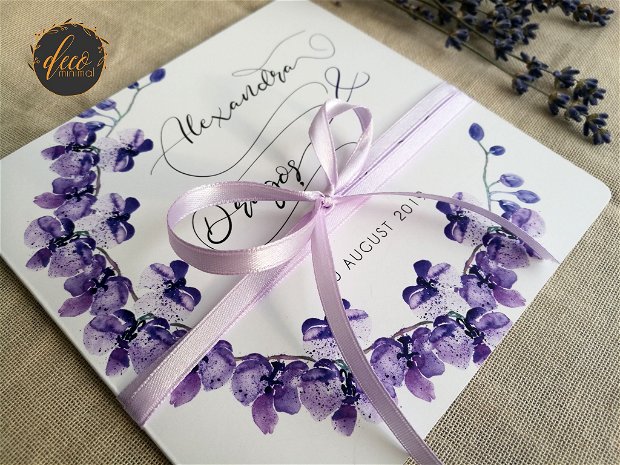 Invitatie nunta orhidee, fara plic, Invitatie nunta violet, invitatie florala, panglica