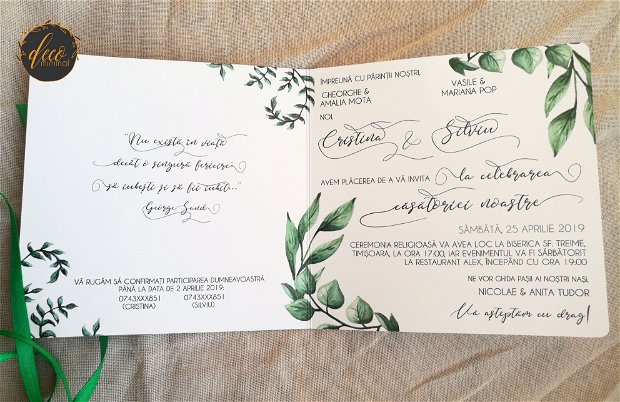 Invitatie nunta cu frunze, simpla, rustica, fara plic, Invitatie nunta moderna, invitatie verde, panglica