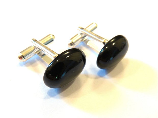 Butoni camasa barbati - Argint 925 si Onix negru - BU537 - Butoni pietre semipretioase, butoni unisex argint, butoni negri eleganti, butoni ovali