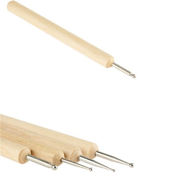9489 - SET (4buc) Instrument de realizat puncte / punctator, inox, maner lemn