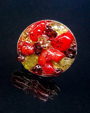 Inel coral, peridot, granat