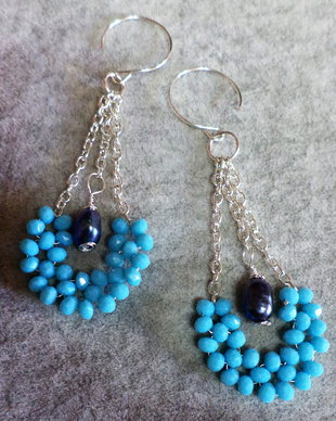 Cercei handmade din sarma gilt,cristale tip swarovski si perle de cultura - blue