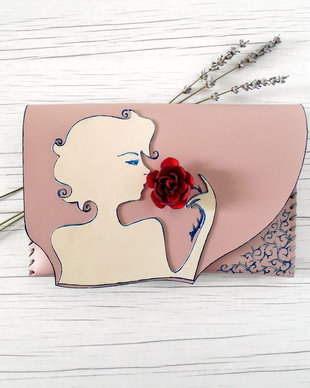 Poseta plic handmade unicat din piele - Ode to a Pink Rose